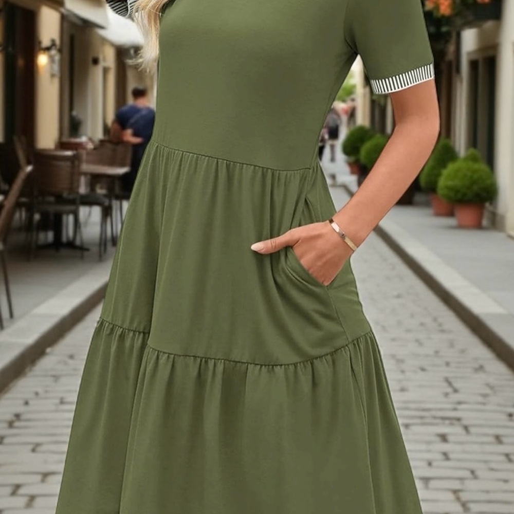 🌿 Boho Breeze! Army Green Tiered Dress | Pockets + Striped Trim | Size S - Picture 2 of 11